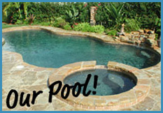 A beautiful backyard pool with an attached circular hot tub is surrounded by a stone patio. Lush green plants and flowers are visible in the background. The text "Our Pool!" is written in black on the bottom left corner of the image.
