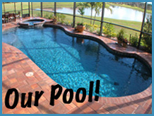 A swimming pool surrounded by a paved deck. The pool area has a jacuzzi and is enclosed by a screen. In the background, there's a scenic view of a lake and trees. The words "Our Pool!" are written in large, bold letters on the bottom left of the image.