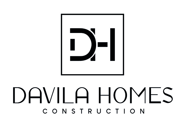 A black and white logo featuring a square with the stylized letters "DH" inside. Below the square, the text reads "DAVILA HOMES" in bold font, followed by "CONSTRUCTION" in smaller, spaced-out letters.