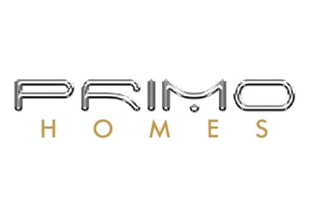 PRIMO HOMES" logo. The word "PRIMO" is styled in sleek, metallic silver letters, while "HOMES" is written below in a golden color. The background is white.