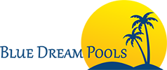 Logo featuring a yellow sunburst background with two blue palm trees on the right. The text "POOLS" appears in blue on the right side near the palm trees. The left side of the logo has a blue wave-like shape.